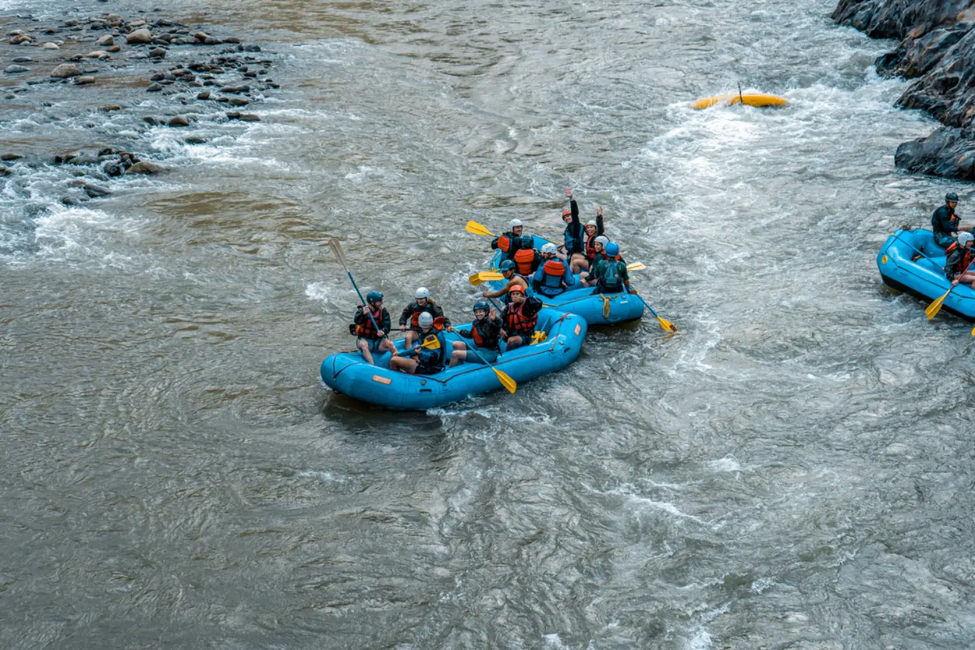 Travelers rafting on the Santa Maria River during the Inca Jungle Trek in Peru.