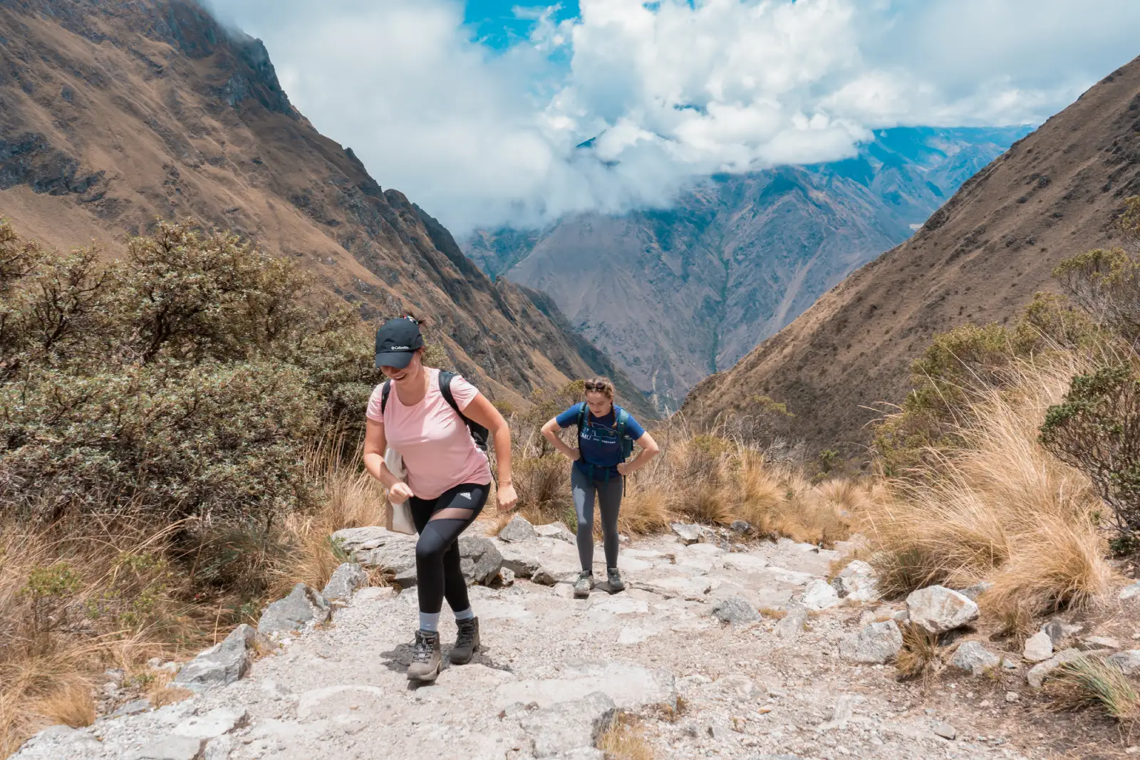 Trekkers climb the demanding stone path toward Dead Woman’s Pass on the Inca Trail.