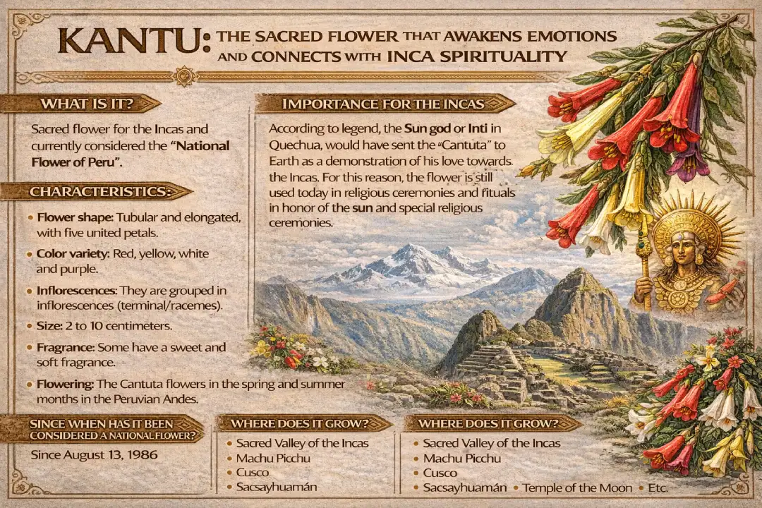 Educational infographic about Kantuta flower, Peru's national flower, featuring illustrations of red, yellow and pink tubular flowers, Machu Picchu in background, solar deity Inti, and explanatory text about characteristics, Inca cultural importance and growing locations