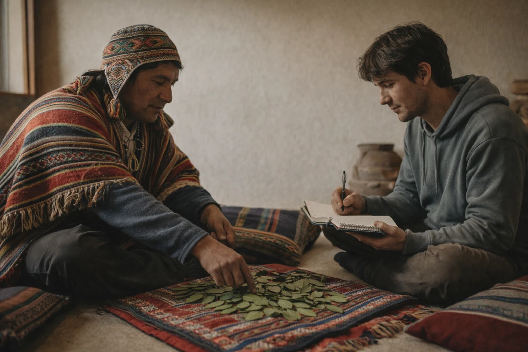 Fotografía de hombre andino mayor con poncho tradicional y chullo enseñando sobre textil con hojas de coca a joven investigador que toma notas en cuaderno, en interior con cerámica tradicional al fondo