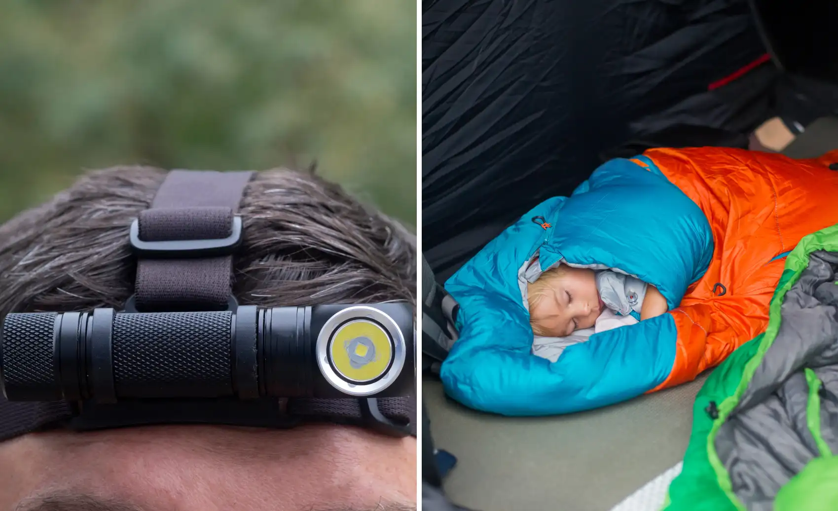 linterna de cabeza y bolsa de dormir usada por una turista en una tienda de campaña.