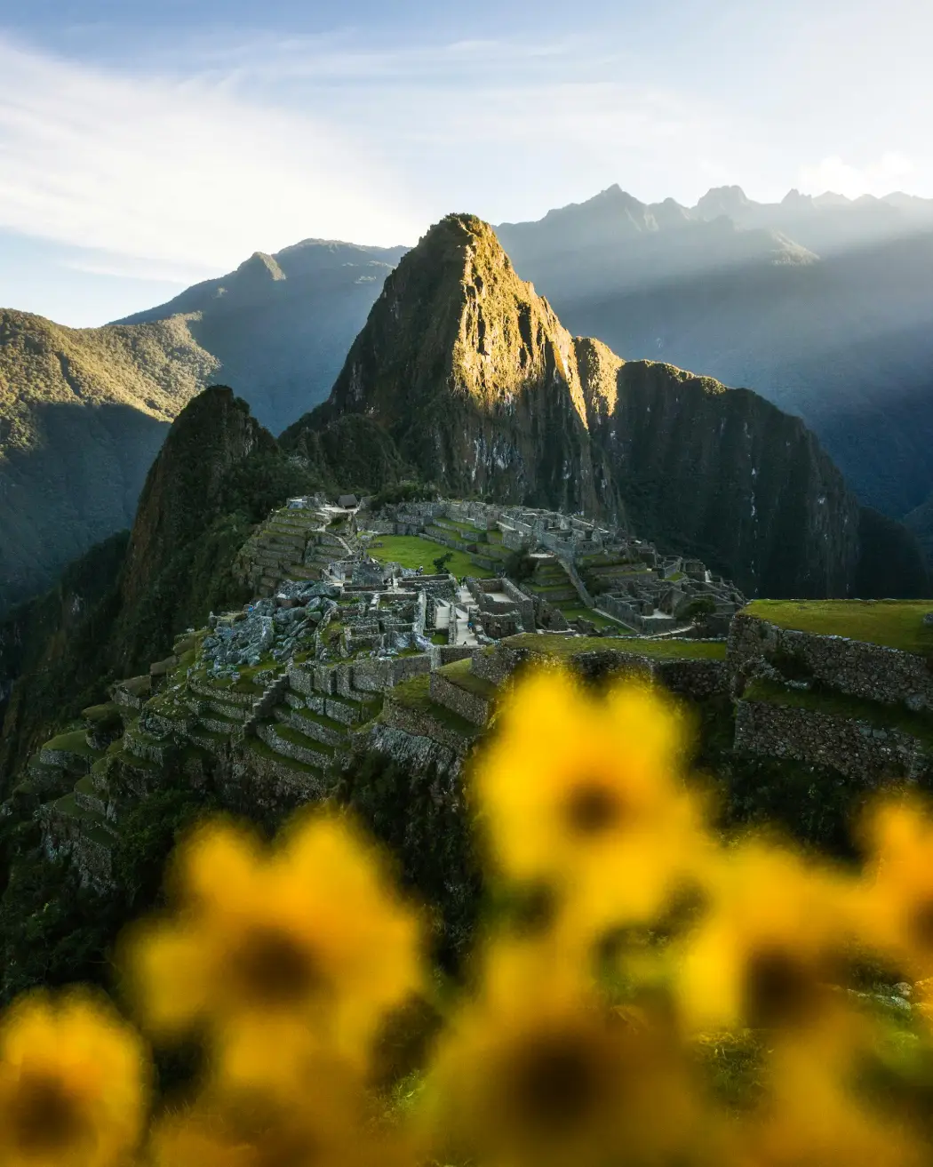 exploring Machu Picchu yellow flowers mountain sky sanctuary cusco peru green blue