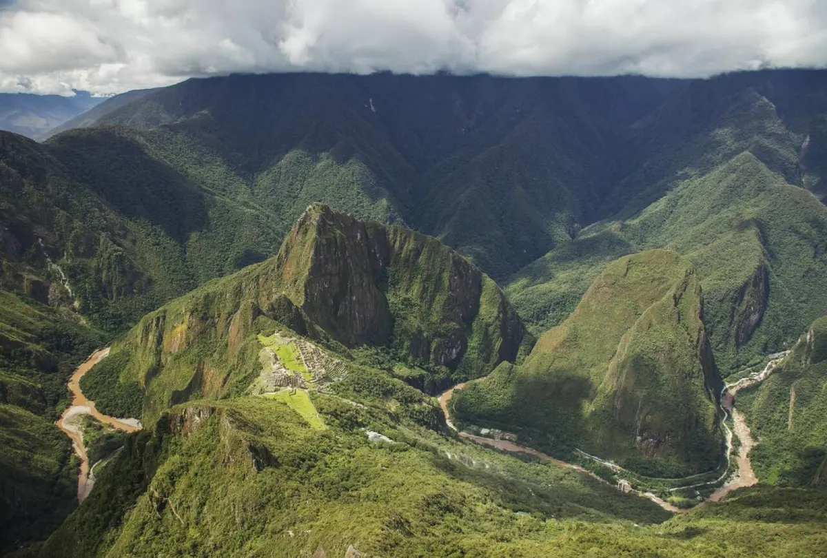 Panoramic view of Machu Picchu with the Urubamba River sfrom the top of Machu Picchu Mountain.