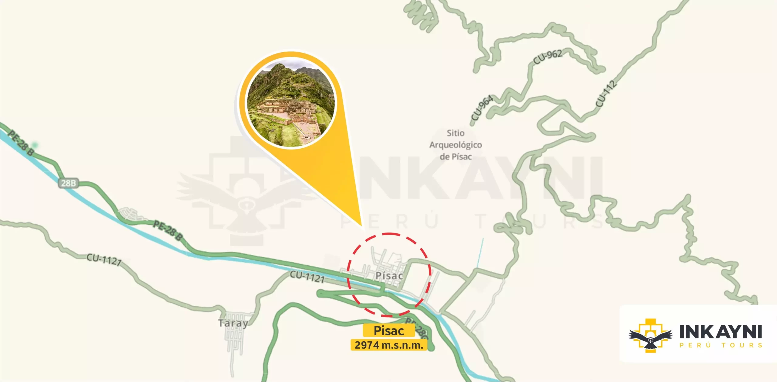 Mapa geográfico de Pisac en Cusco / Gráfico Inkayni PEru Tours.