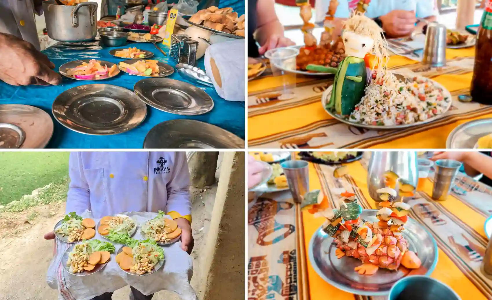 Camp meal preparation with hot dishes for hikers on the Choquequirao Trek