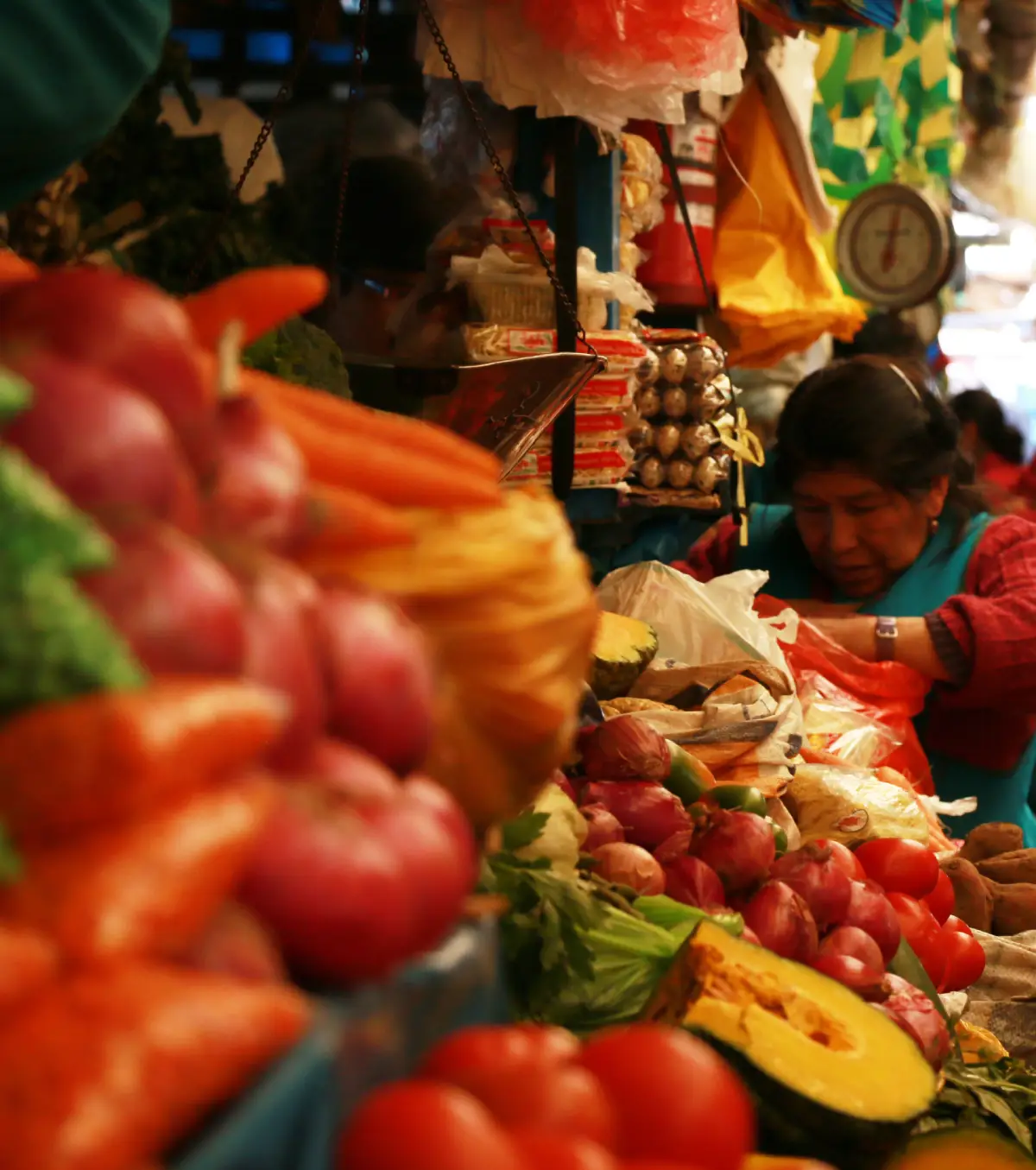 Vegetable, spice and herb stall at Wanchaq Market in Cusco
