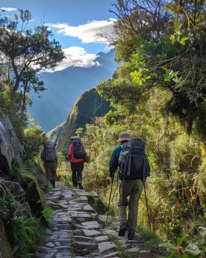 mochila para machu picchu cusco peru sendero camino turistas viajeros verde azul nubes montañas