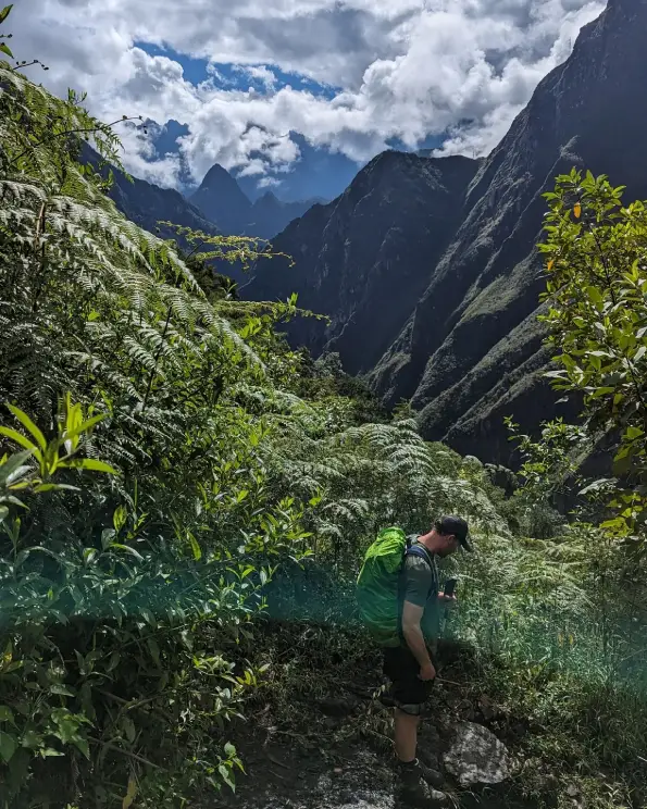 Hiker walking through a green section of the Choquequirao trail