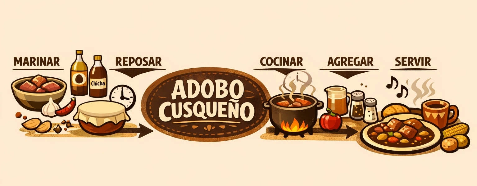 Infografía ilustrada del proceso de preparación del adobo cusqueño mostrando cinco etapas: marinar (carne con ajo, ají y especias), reposar (bowl cubierto con reloj), cocinar (olla al fuego), agregar (cerveza chicha, condimentos y vegetales), y servir (plato con adobo, pan, choclo y bebida caliente)
