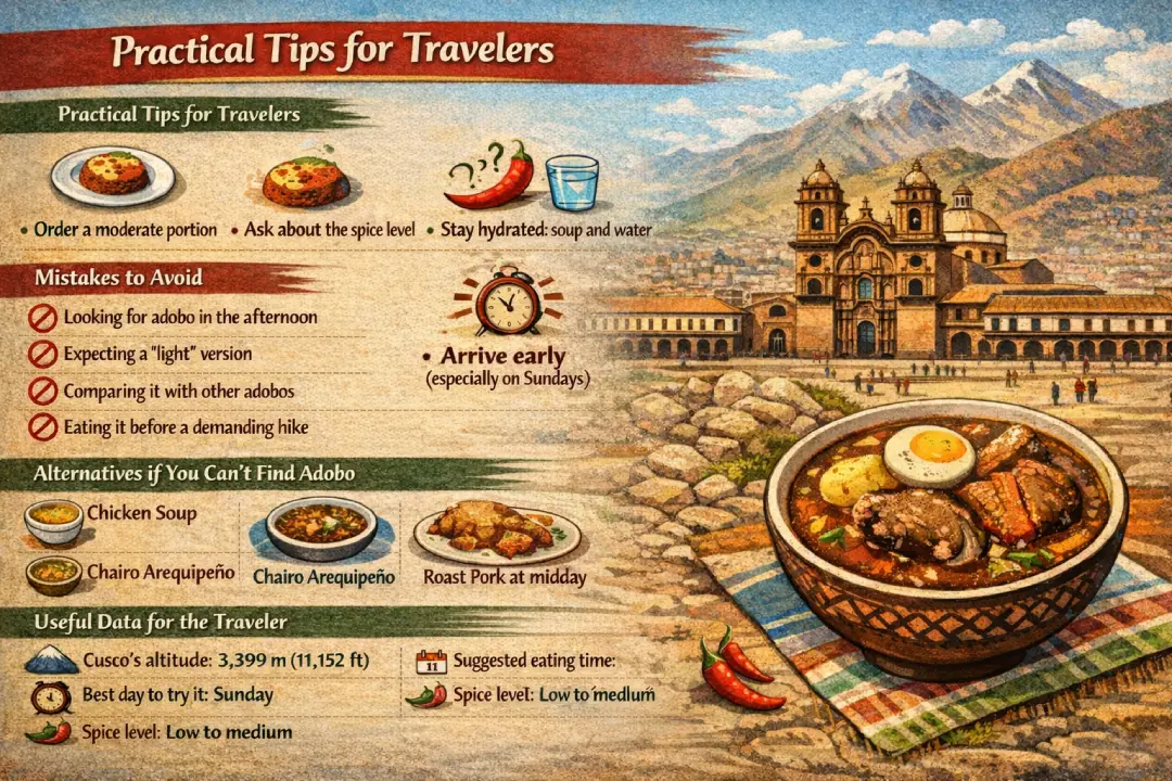 Tourist infographic about Cusco adobo with Plaza de Armas and mountains background, showing practical tips (moderate portion, spice level, hydration), mistakes to avoid (don't search in afternoon, expect light version, don't compare), alternatives (chicken soup, Cusco chairo, midday pork), and useful data (altitude 3399m, typical hours 7-10:30am Sundays, low-medium spice level)