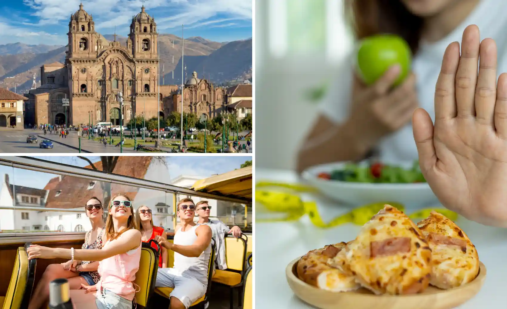 ciudad del cusco, tour en bus turístico y rechazo de comida grasosa.