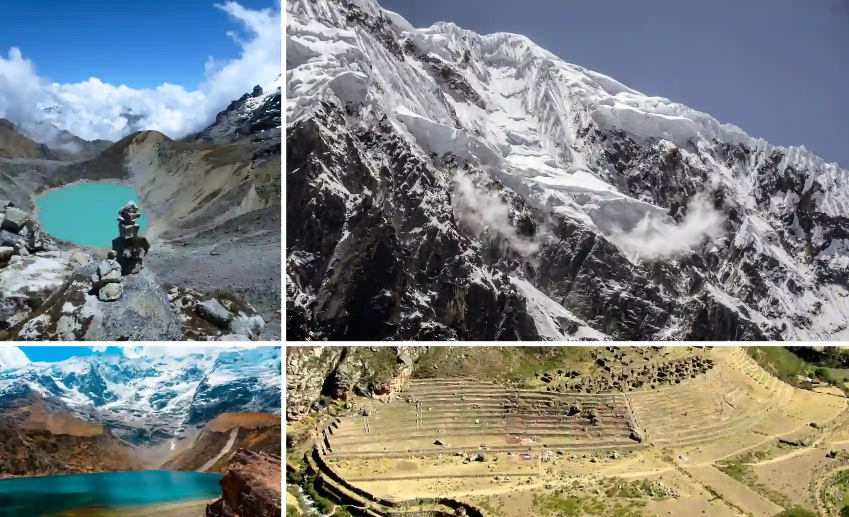 Turquoise lake, snowy Salkantay peak and high mountain valley on the Salkantay Trek to Machu Picchu