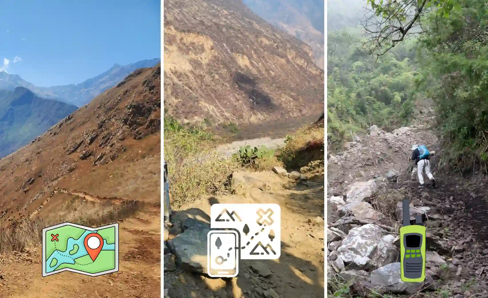 Illustration of different Choquequirao Trek trail sections with steep paths, contour maps and satellite phone icons highlighting navigation planning and hiker safety.