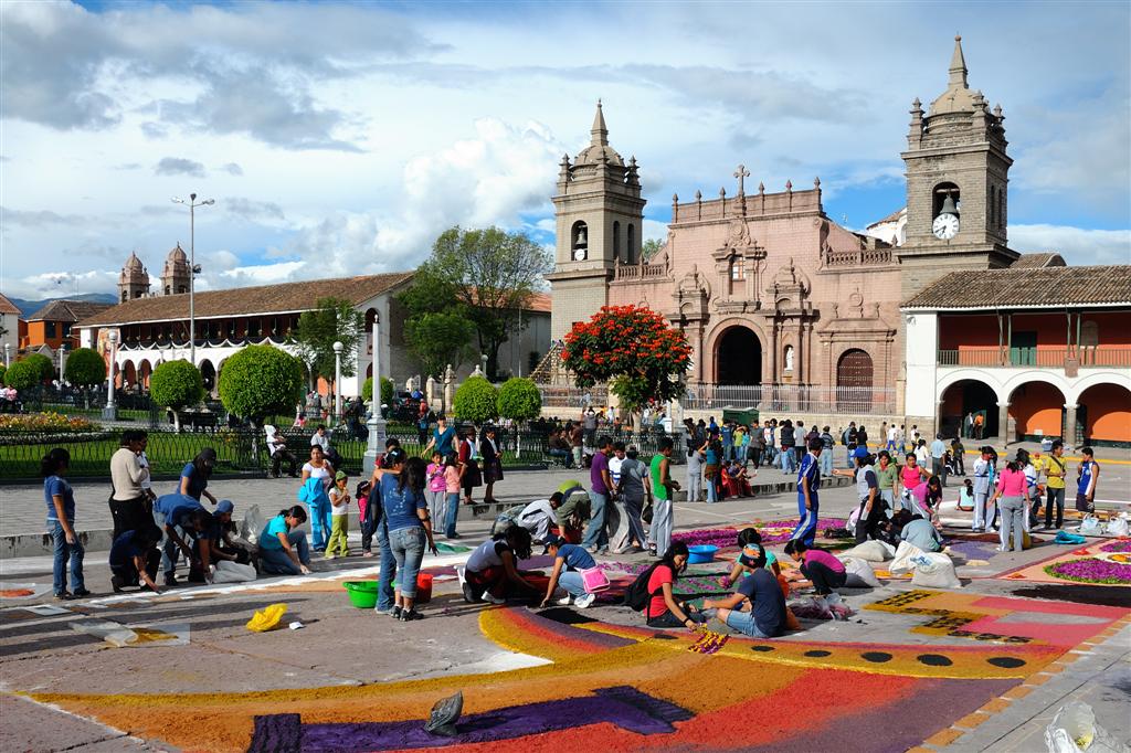 holy week in peru procession flower carpet communal art chapel colors trees people