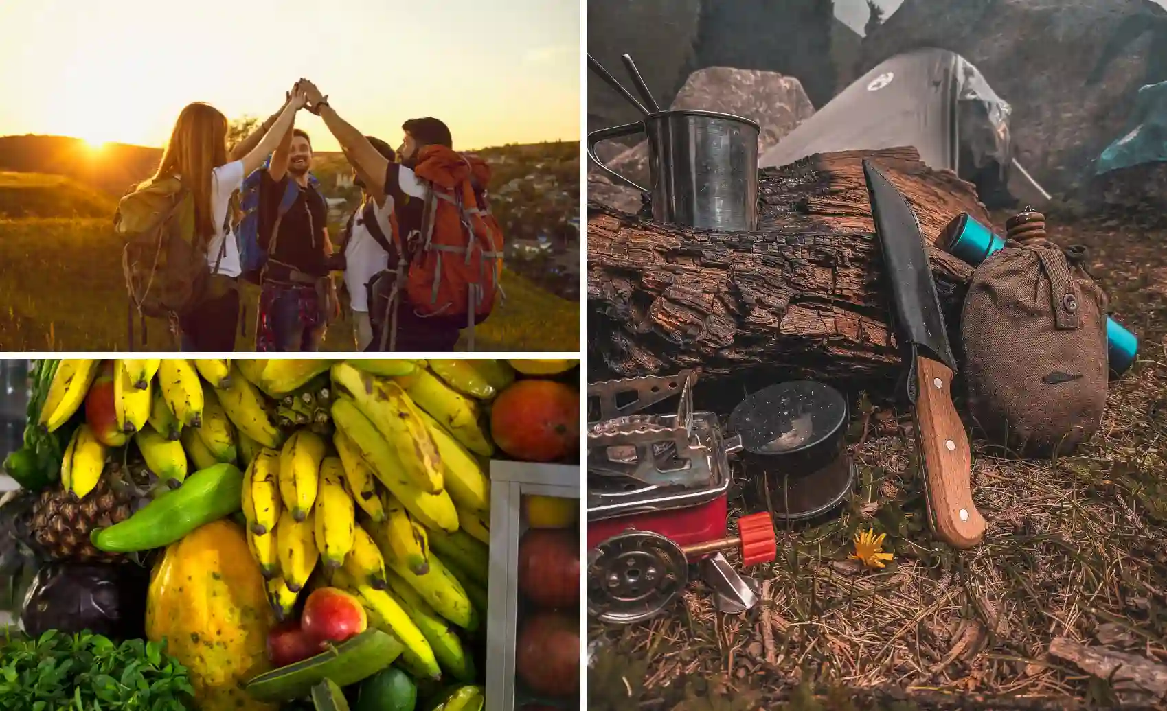 viajeros en grupo con amigos, snacks y frutas, equipamiento personal.