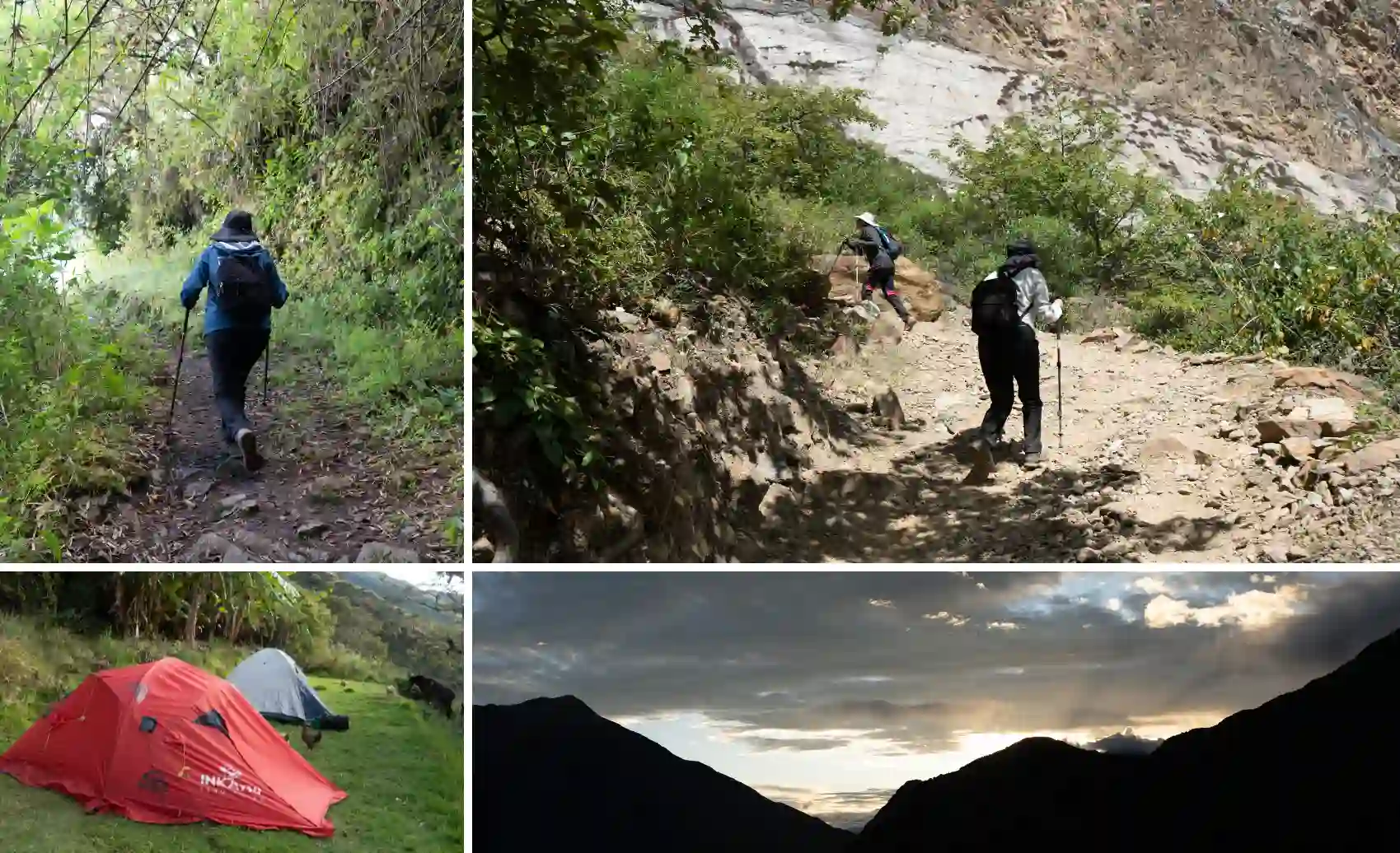 Female hiker walking the Choquequirao trek trail near campsites and steep canyon walls in Peru