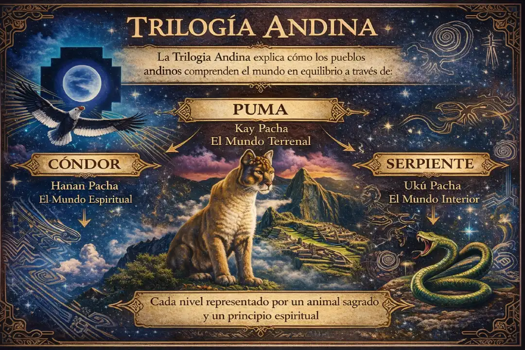 Infographic of the Andean Trilogy showing the condor for Hanan Pacha (spiritual world), the puma for Kay Pacha (earthly world), and the serpent for Ukhu Pacha (inner world), set against a starry Andean landscape with sacred symbolism