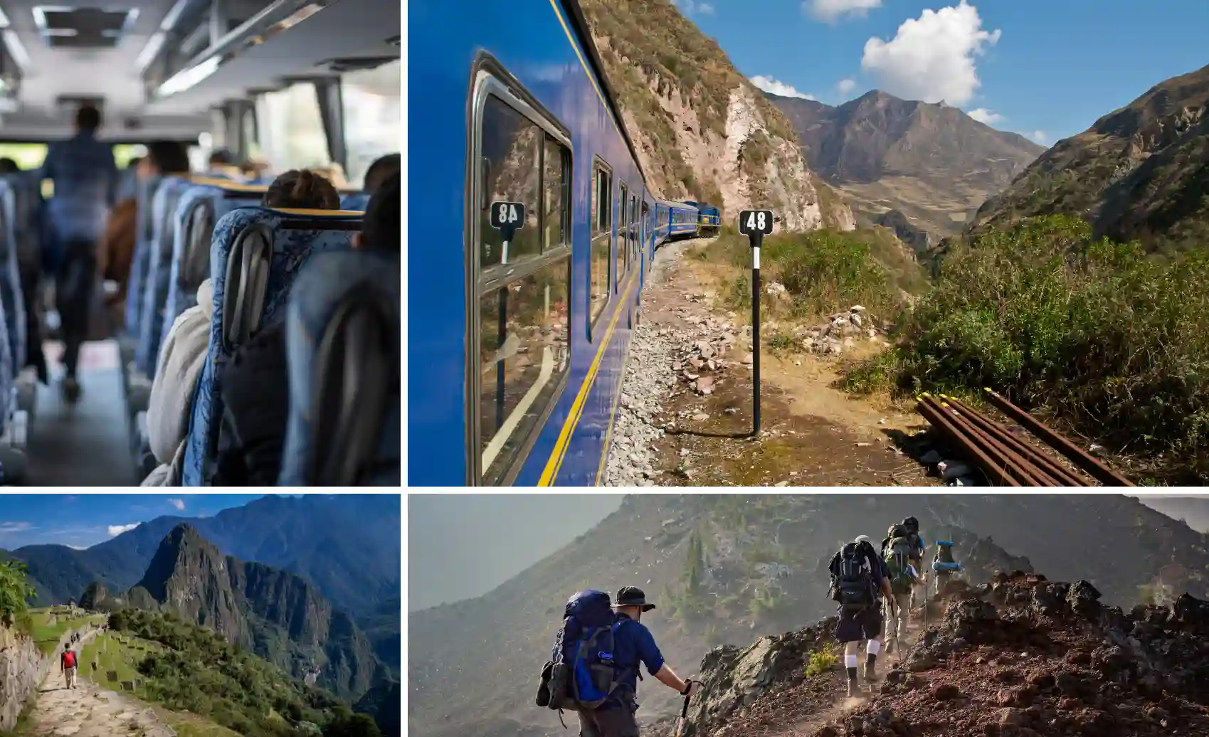Collage showing transport and hiking connections to reach Machu Picchu from Cusco through Choquequirao