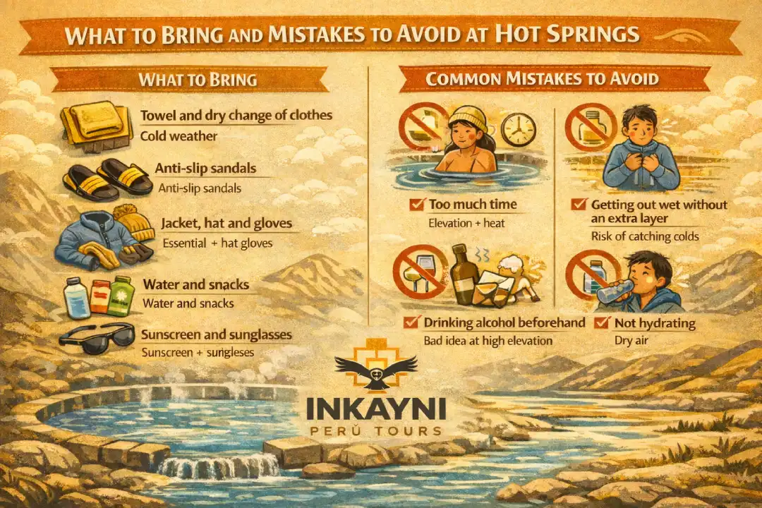 Infographic for hot springs showing what to bring—towel and dry clothes, anti-slip sandals, warm jacket/hat/gloves, water and snacks, sunscreen and sunglasses—and common mistakes to avoid such as staying too long, drinking alcohol beforehand, not hydrating, and getting out wet without an extra layer, with Inkayni Peru Tours branding