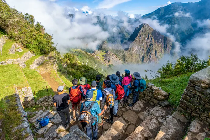 Inca Trail landscape and archaeological sites on the route to Machu Picchu