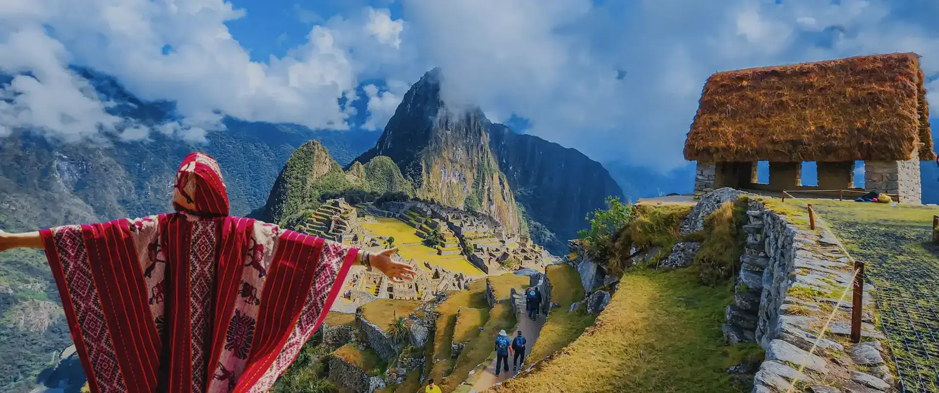 Traveler in an Andean poncho overlooking Machu Picchu and Huayna Picchu.